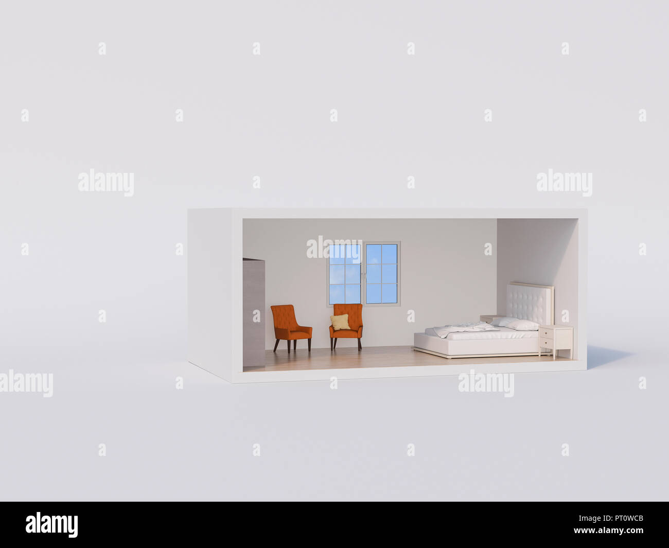 § D Rendering, Modell eines Bett Zimmer mit weißer Bettwäsche und orangen Sesseln Stockfoto