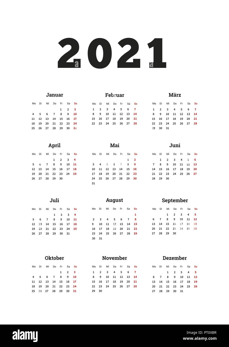 2021 Jahr einfacher Kalender auf deutsche Sprache, Größe A4 vertikale Blatt  auf Weiß Stock-Vektorgrafik - Alamy