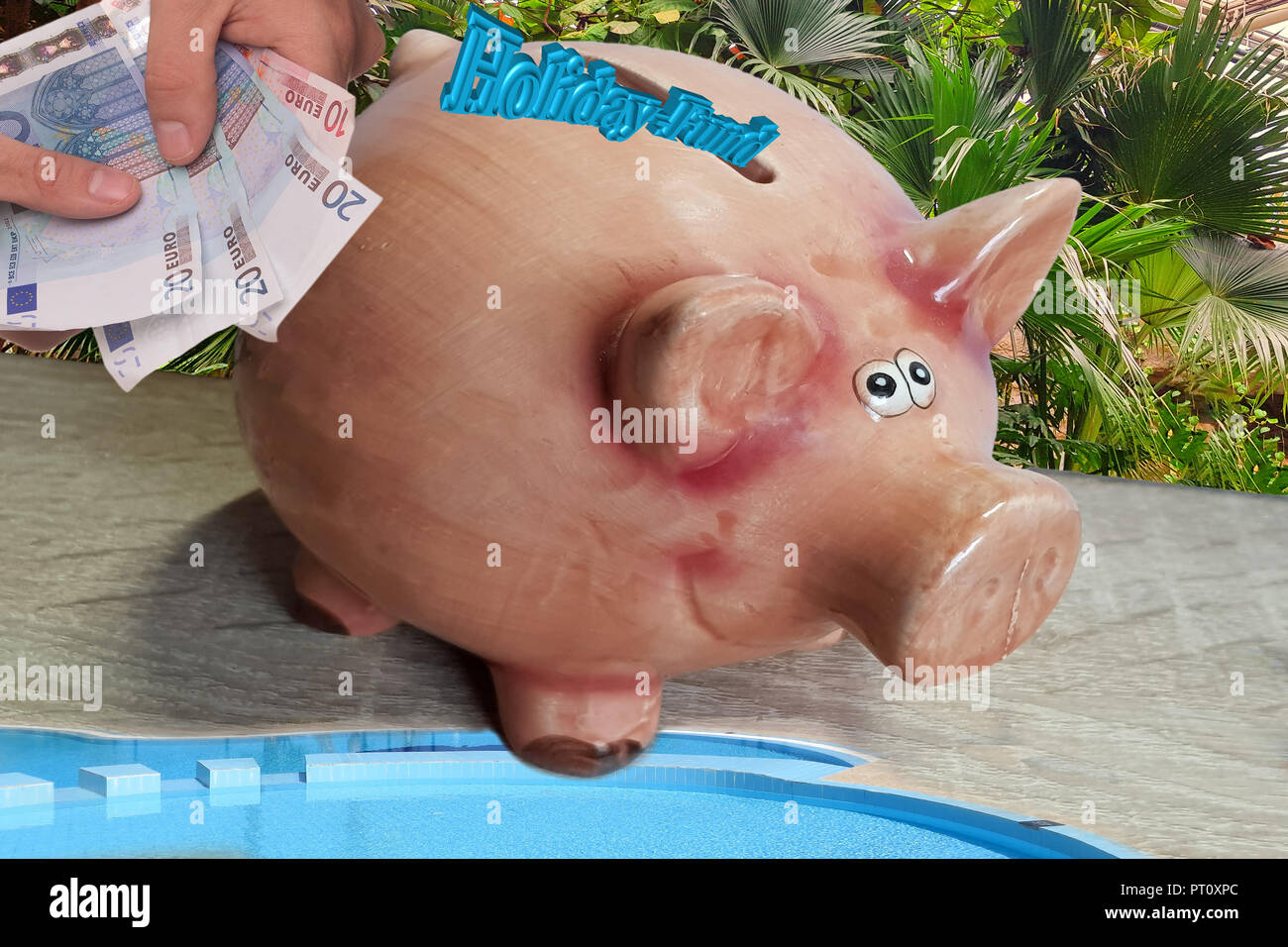 Sparschwein mit Beschriftung in Englisch Urlaub Fonds Stockfotografie -  Alamy