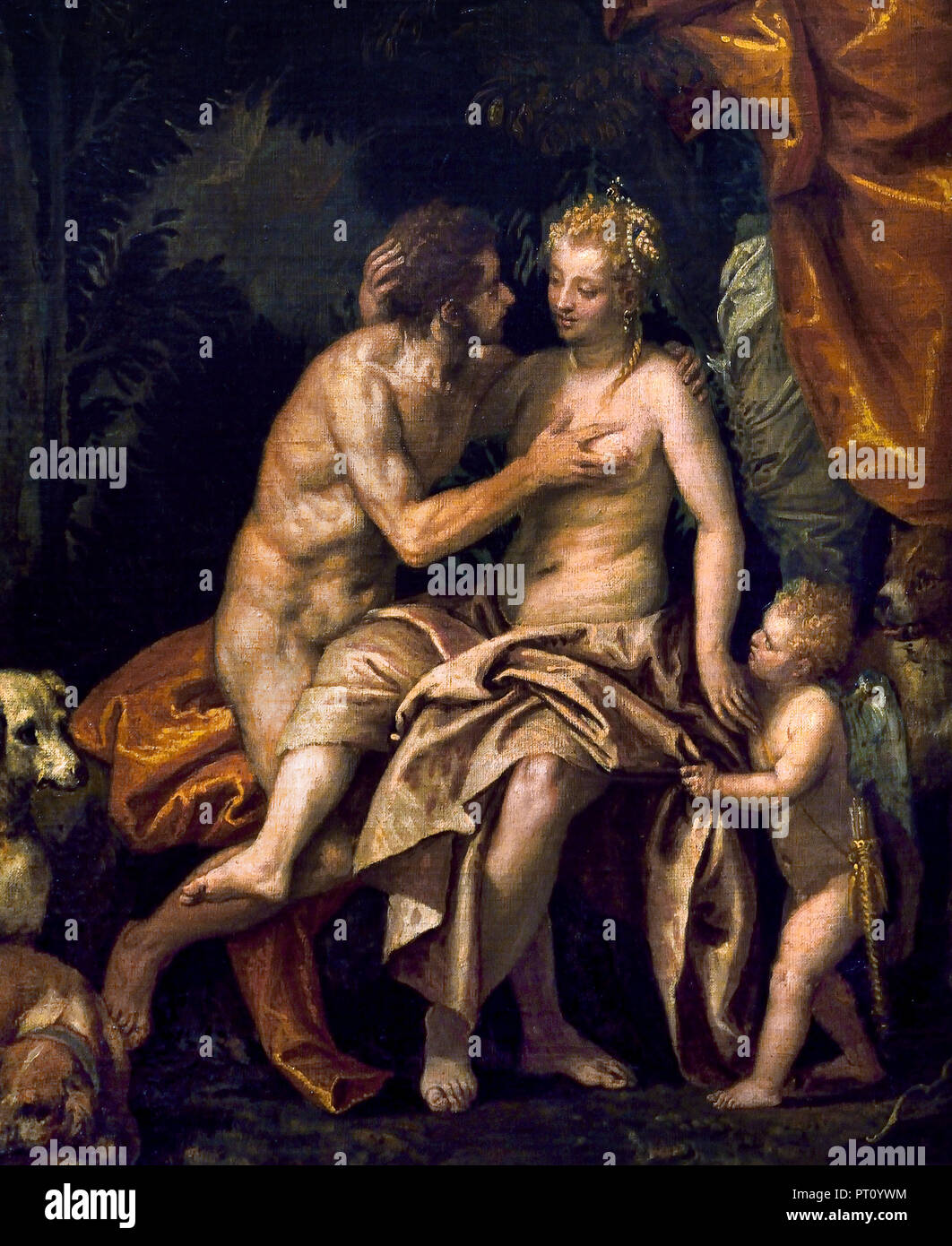 Venus und Adonis 1586 von Paolo Caliari, bekannt als Paolo Veronese (1528 - 1588), war ein italienischer Renaissance Maler, Venedig, Italien. (Durch den Pfeil Amors durchbohrt, Venus, Göttin der Liebe, der sich in den gut aussehenden Hunter Adonis gefallen) Stockfoto