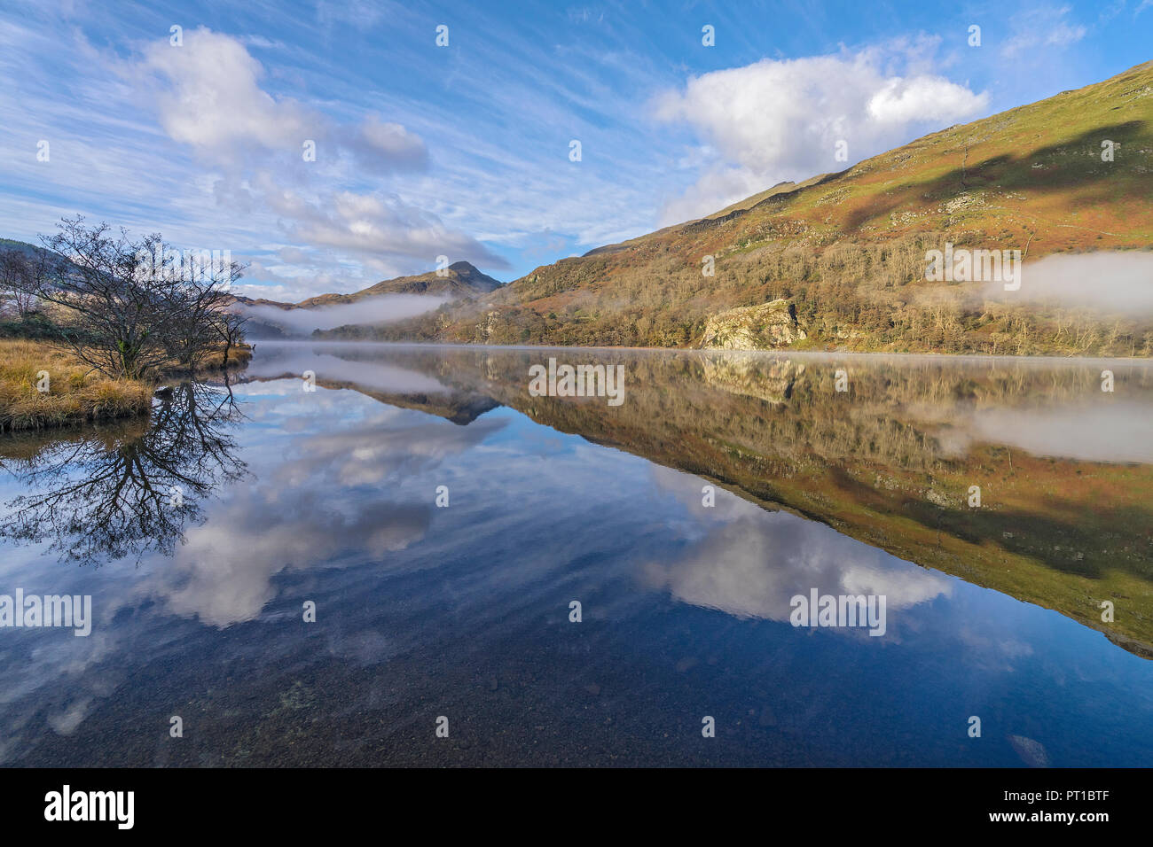 Reflexionen in Llyn Gwynant an einem nebligen Morgen im glaslyn Tal nach Westen mit Yr Aran Berg im Hintergrund Snowdonia National Park Stockfoto