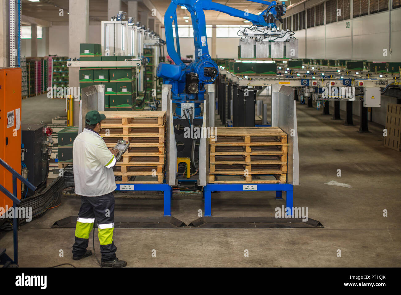 Arbeitnehmer, die Fortschritte der Maschine überprüfen Stockfoto