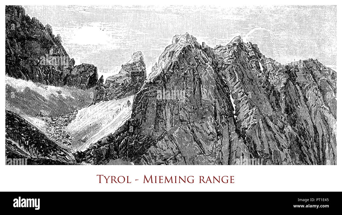 Kupferstich mit der Darstellung der Mieminger Gebirge in Tirol - Österreich Stockfoto