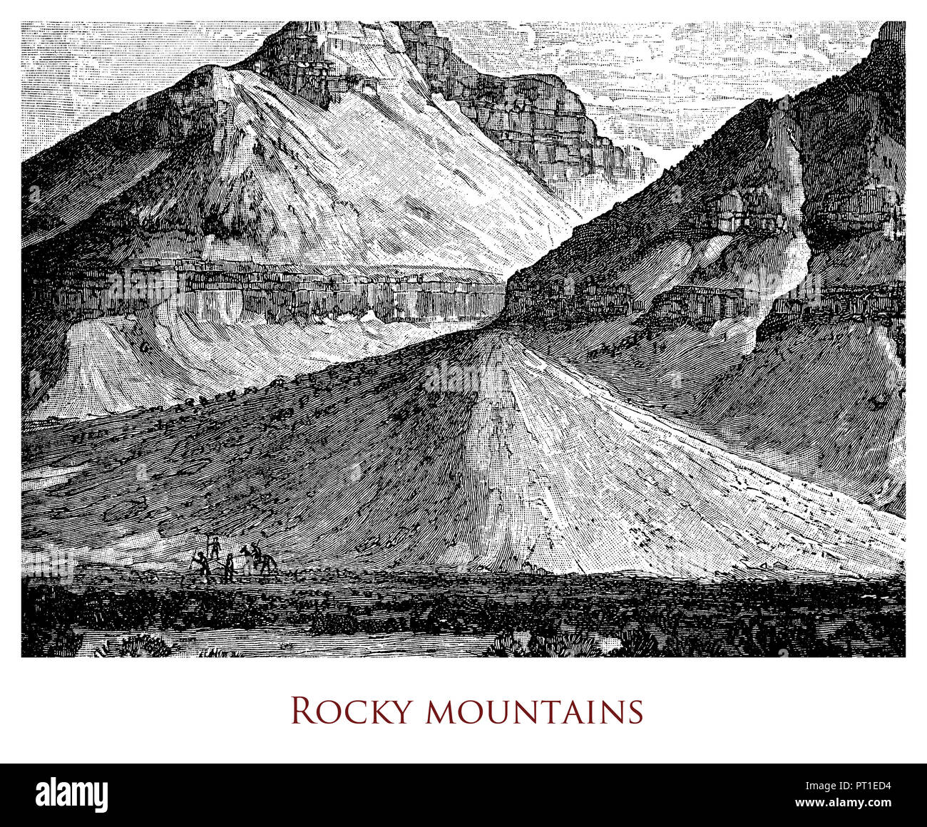 Gravur Darstellung einer Website in den Rocky Mountains (Nordamerika), mit gerade einmal skizzierte menschliche Figuren Trekking und Reiten Stockfoto