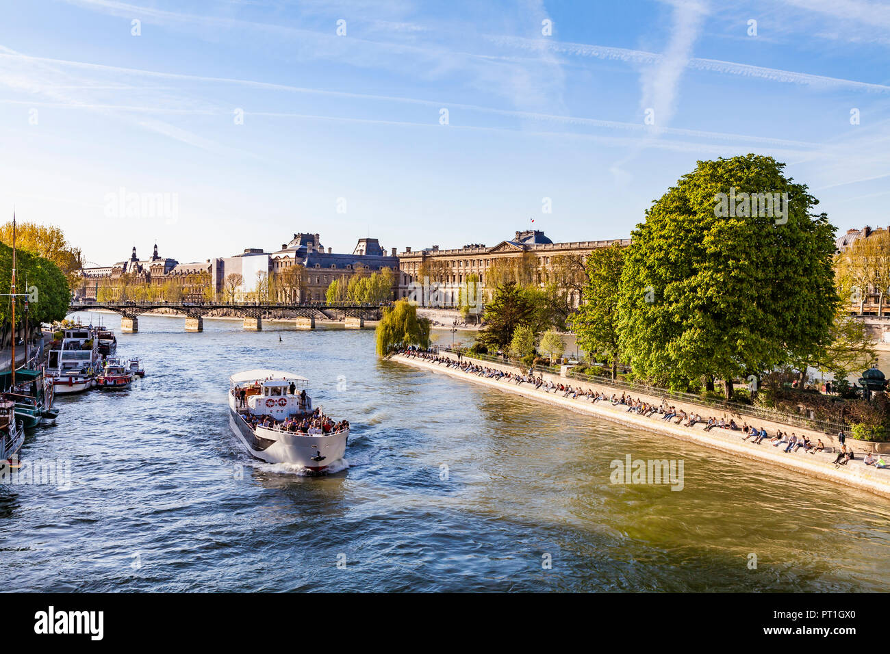 Frankreich, Paris, touristische Bootsfahrt auf der Seine mit Raster im Hintergrund Stockfoto