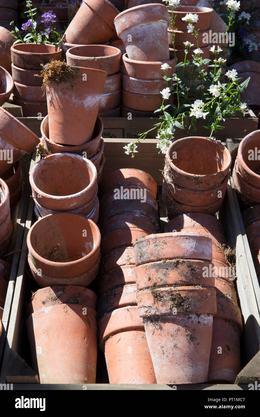 Eine Sammlung alter leerer Topftöpfe aus Terrakotta-Pflanzen Auf einem Markt und Blumenschau Stockfoto