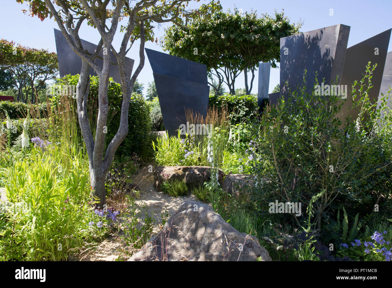 Blick auf zeitgenössische moderne Gartengestaltung mit großen Bronze skulpturalen Flossen und großen Steinbrocken, Bepflanzung von Digitalis purpurea f. albiflora Stockfoto