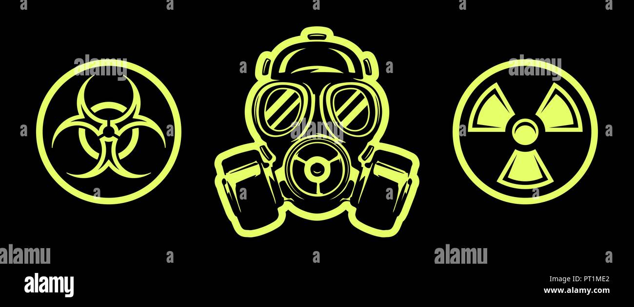 Gasmaske und Gefahr singt auf schwarzem Hintergrund isoliert. Atemschutzmaske. Strahlung unterzeichnen. Biohazard Zeichen Stock Vektor