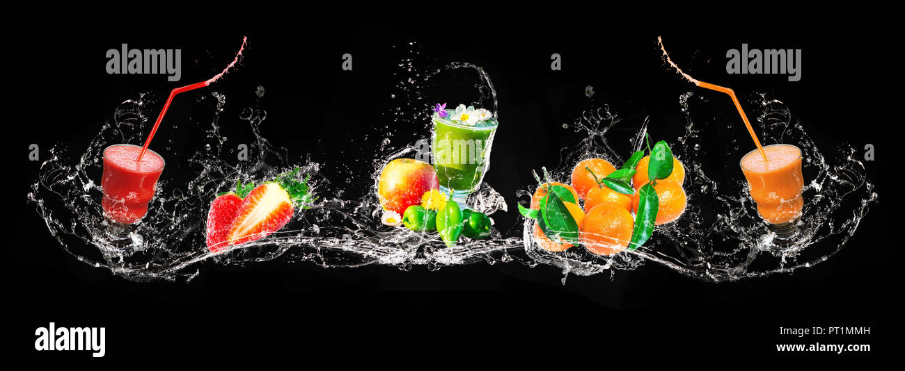 Frische Mischung von Smoothies und Früchte, Spritzwasser, Banner Stockfoto