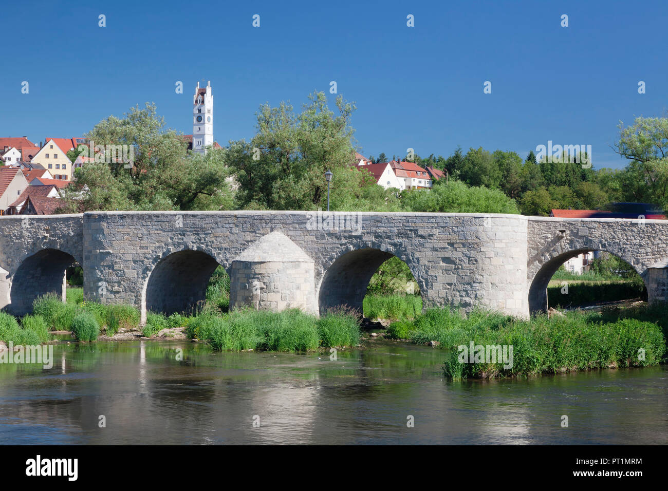 Brücke über die Wörnitz, Harburg, Romantische Straße, Schwaben, Bayern, Deutschland Stockfoto