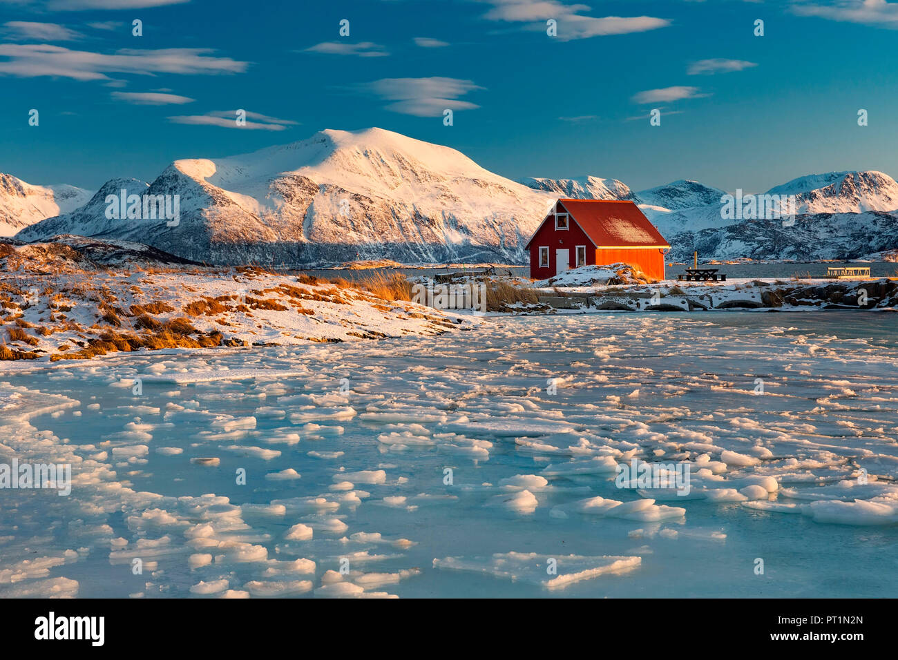 Rotes Haus am Ufer des Fjord in Sommaroy, Troms, Tromso, norvegia, Europa Stockfoto