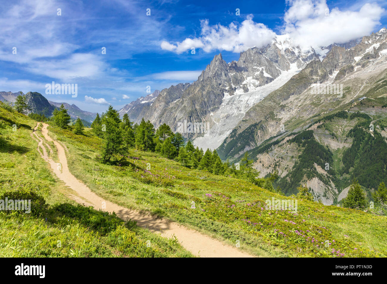 Ein Blick auf das Mont Blanc Massiv von den Pfad zu den Bertone Zuflucht während des Mont Blanc Wanderungen (Frettchen Tal, Courmayeur, Provinz Aosta, Aostatal, Italien, Europa) Stockfoto
