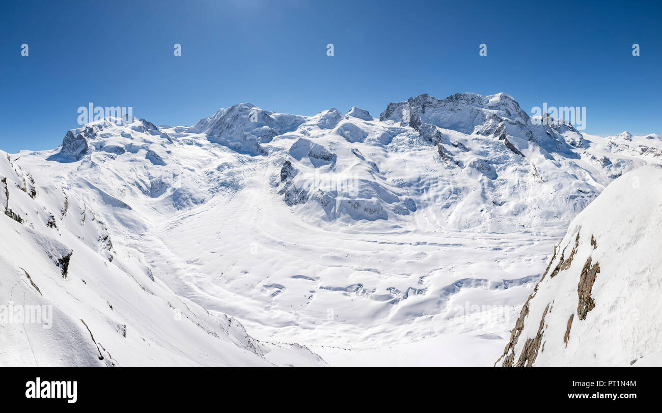 Panoramablick auf die Schweizer Seite des Monte Rosa Massiv vom Gornergrat's View Point (Zermatt, Wallis, Visp, Switzerlan, Europa) Stockfoto