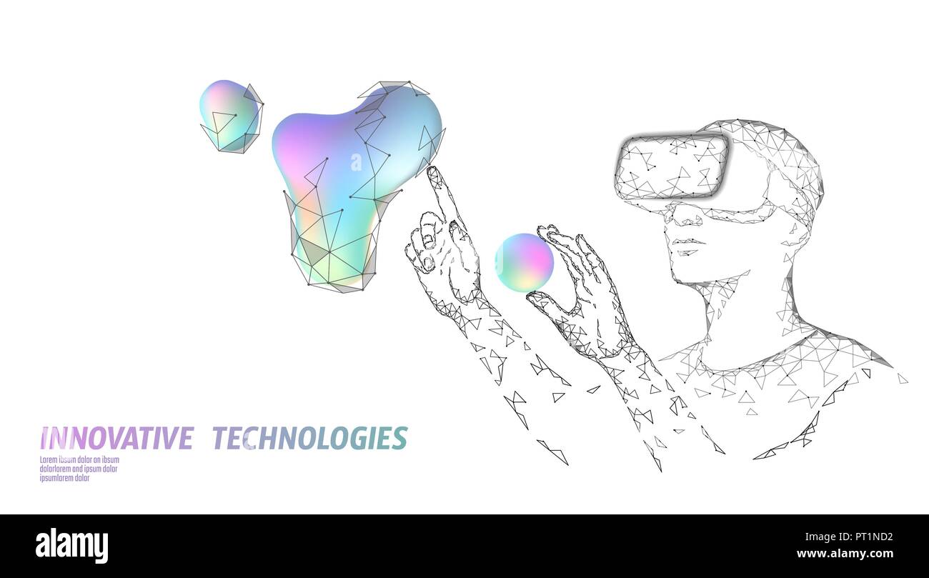 Virtual augmented reality Helm Low Poly. Innovation Media Entertainment polygonalen Konzept. Neon Flüssigkeit gradient digitale Steuerung der Wissenschaft. Mensch Arbeit Computer Daten analyse Vector Illustration Stock Vektor