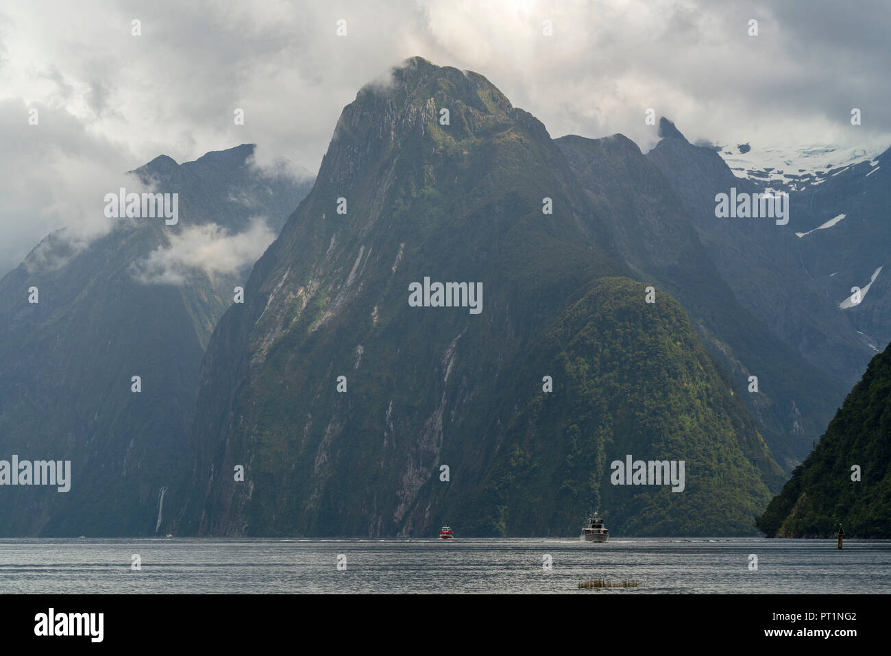 Boote und Berge im Milford Sound im Sommer, Fjordland NP, Süden, Süden Region, South Island, Neuseeland, Stockfoto