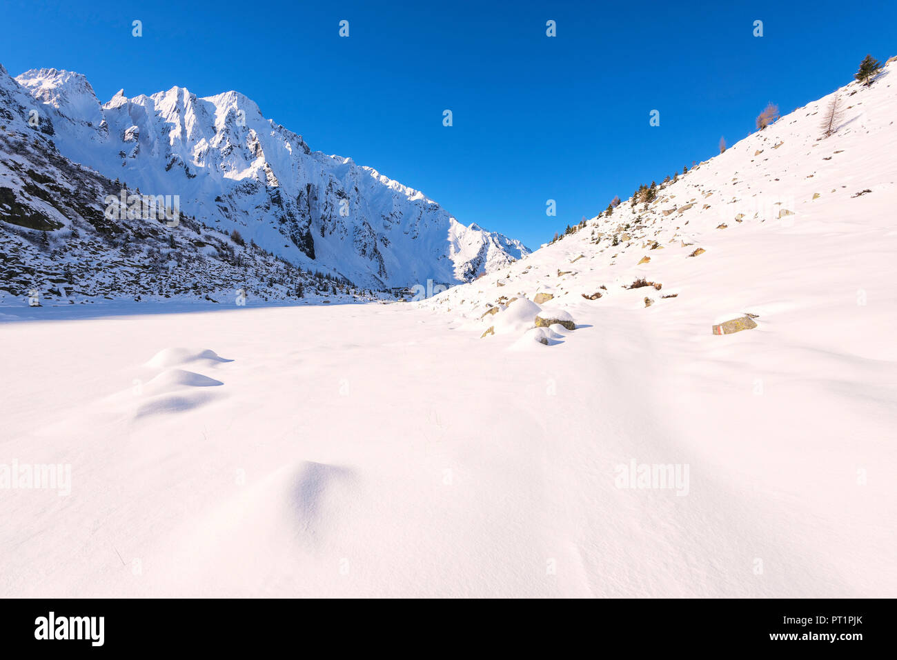 Wintersaison in Adamè Tal, Adamello Park, Provinz Brescia, Lombardei, Italien, Stockfoto