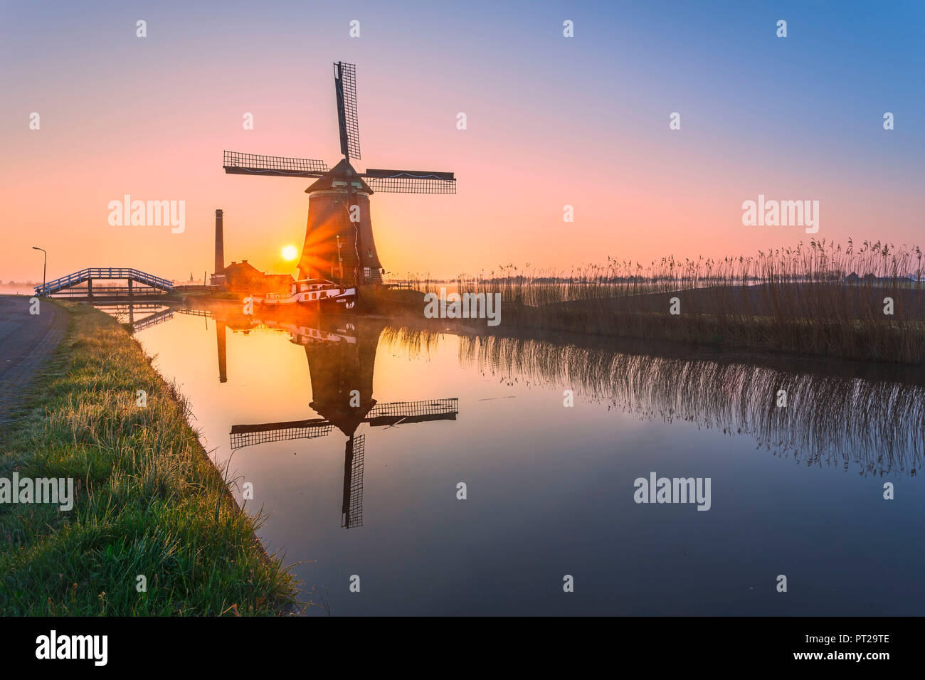 Windmühle in den Kanal durch Gras und rosa Himmel im Morgengrauen gerahmt, Nord Holland, Niederlande Stockfoto