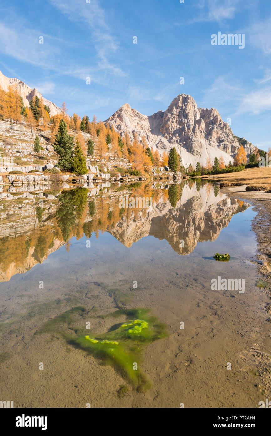 Fanes See in den Dolomiten mit herbstlichen Farben, Fanes Tal, Gadertal, Trentino, Italien, Stockfoto