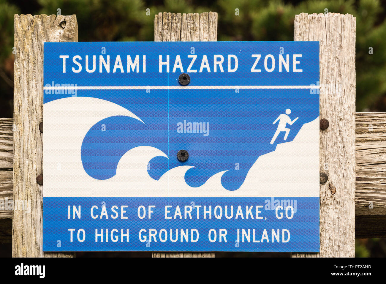 Pacific Coast, Cannon Beach, Schild 'Tsunami' Stockfoto