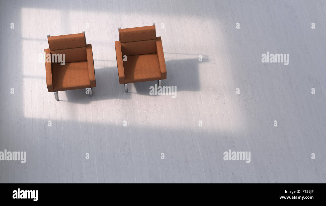 3D-Rendering, zwei Stühle auf Betonboden Stockfoto