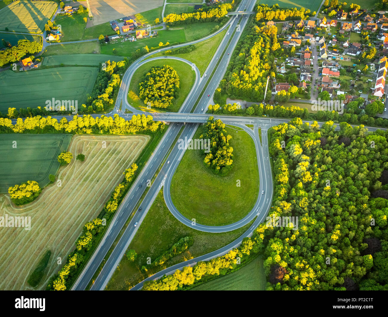 Autobahnkreuz Rünthe, Autobahn A1, Bergkamen, Ruhrgebiet, Nordrhein-Westfalen, Deutschland, Europa Stockfoto