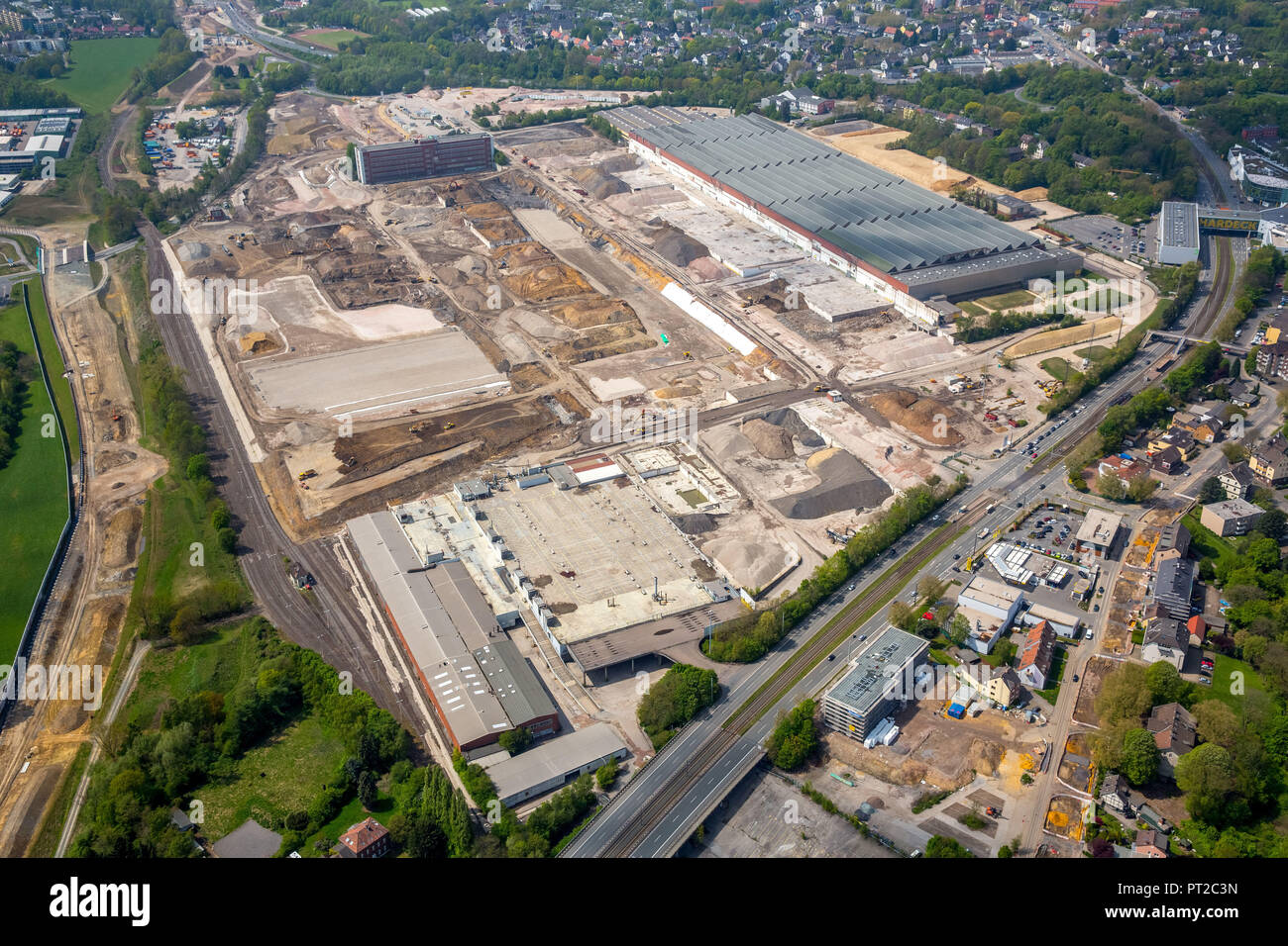 Brache Opel Werk 1, Abbruch der südlichen Fabrikhallen, OPEL Verwaltungsgebäude, Bochum, Ruhrgebiet, Nordrhein-Westfalen, Deutschland, Europa, Stockfoto