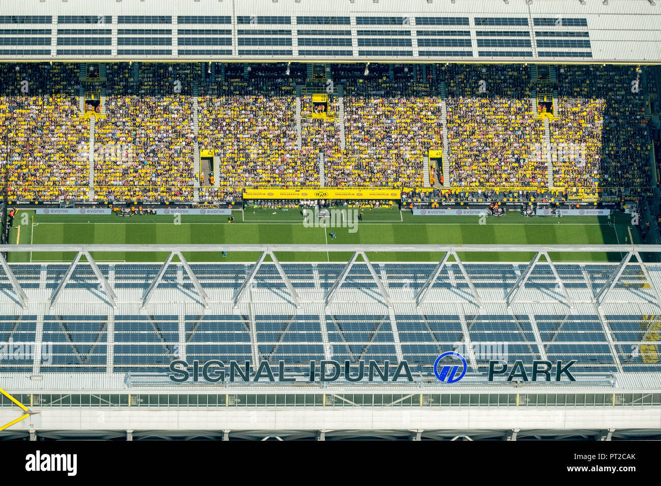 Osten stand mit Trainer Sitzbank, Blick aus dem Flugzeug in der BVB Stadion, BVB gegen die TSG Hoffenheim, Signal Iduna Park BVB Stadion, Westfalenstadion, Bundesliga Stadion, Dortmund, Ruhrgebiet, Nordrhein-Westfalen, Deutschland, Europa Stockfoto