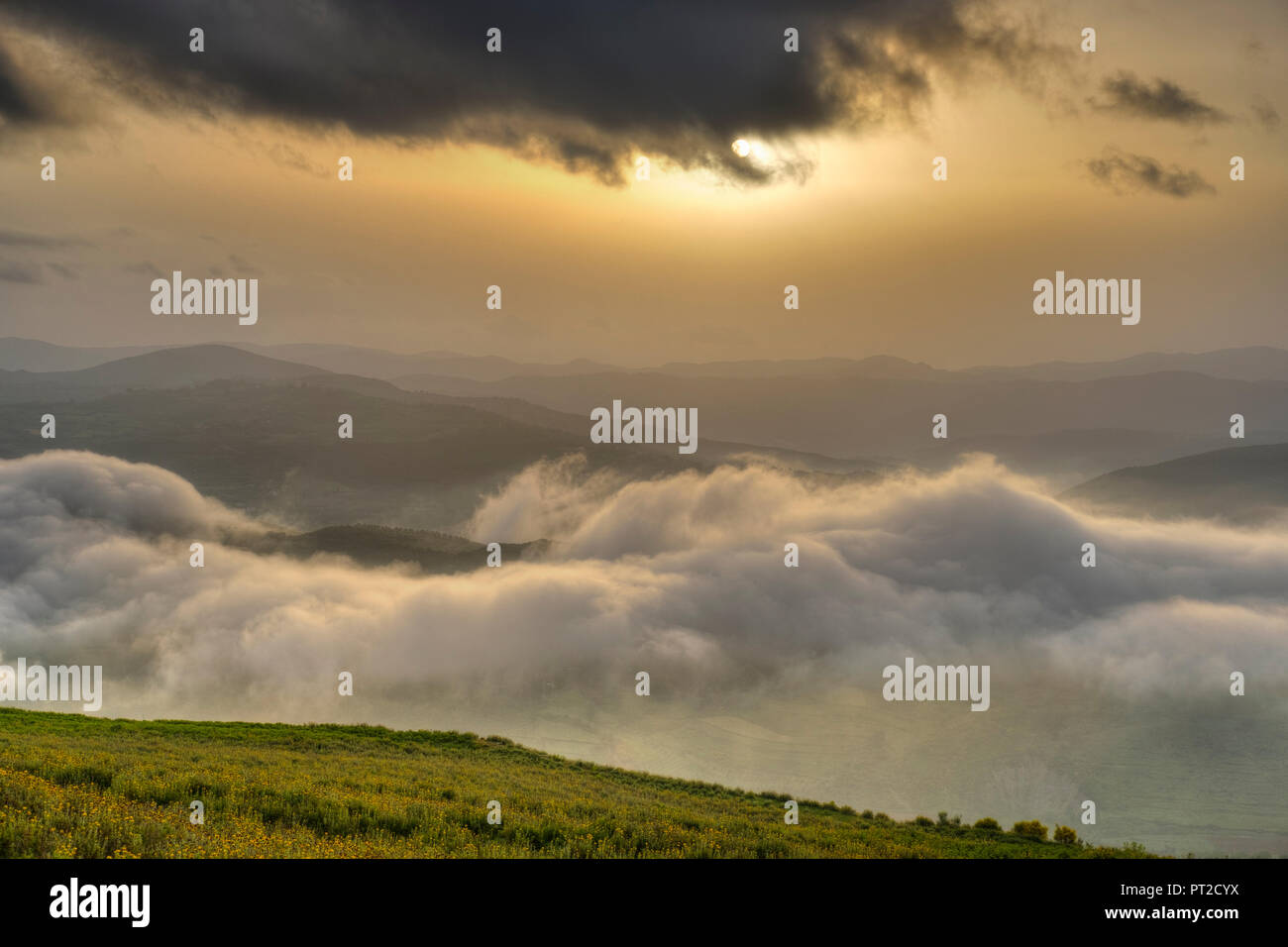 Albanien, Fier County, Ansicht von Byllis, landschaft, morgen, Nebel und Sonne Stockfoto