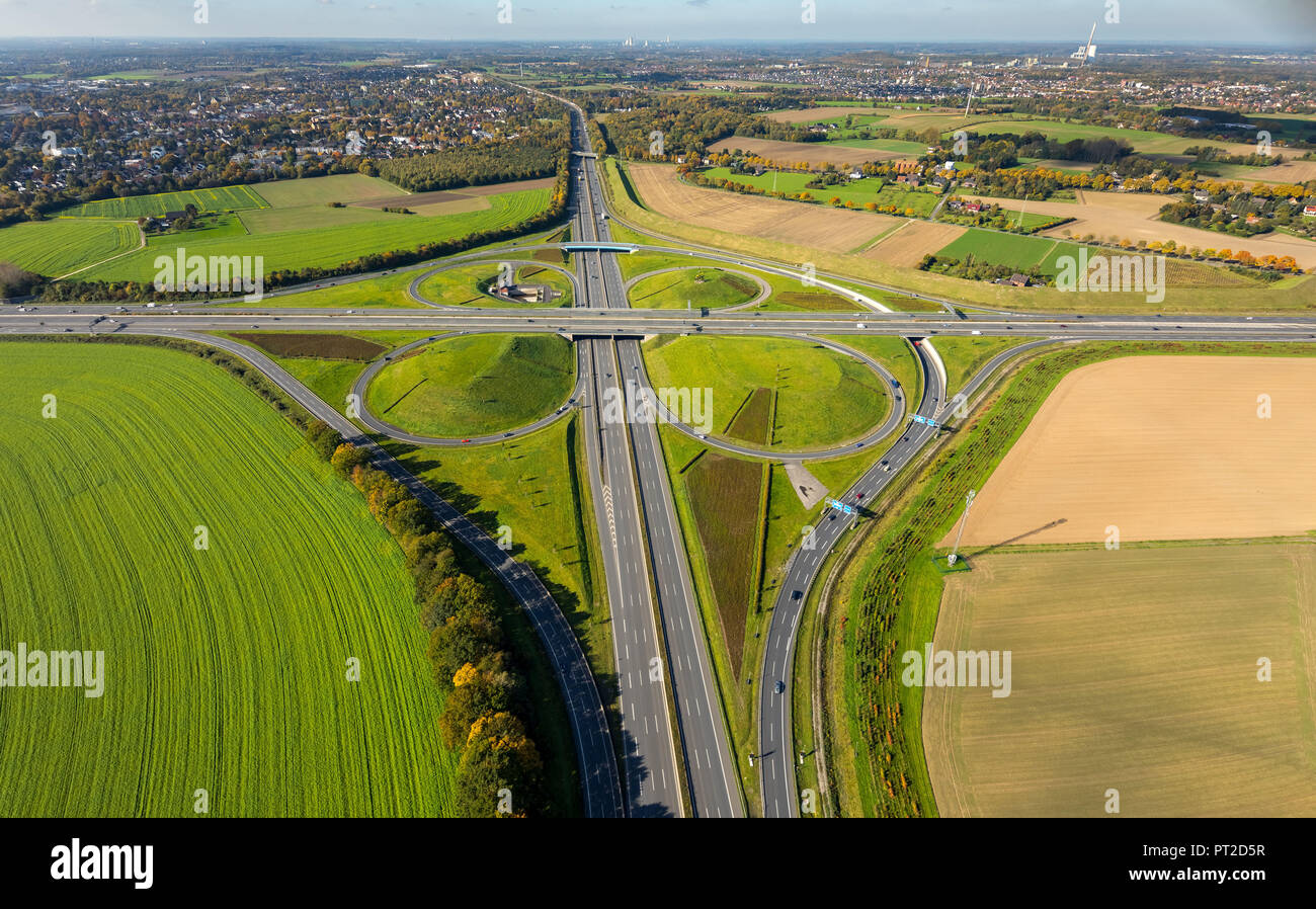 Kamener Kreuz, Autobahnkreuz A1 und A2, A2 Autobahn, Schnellstraße, klassische Kleeblatt, Kamen, Ruhrgebiet, Nordrhein-Westfalen, Deutschland Stockfoto