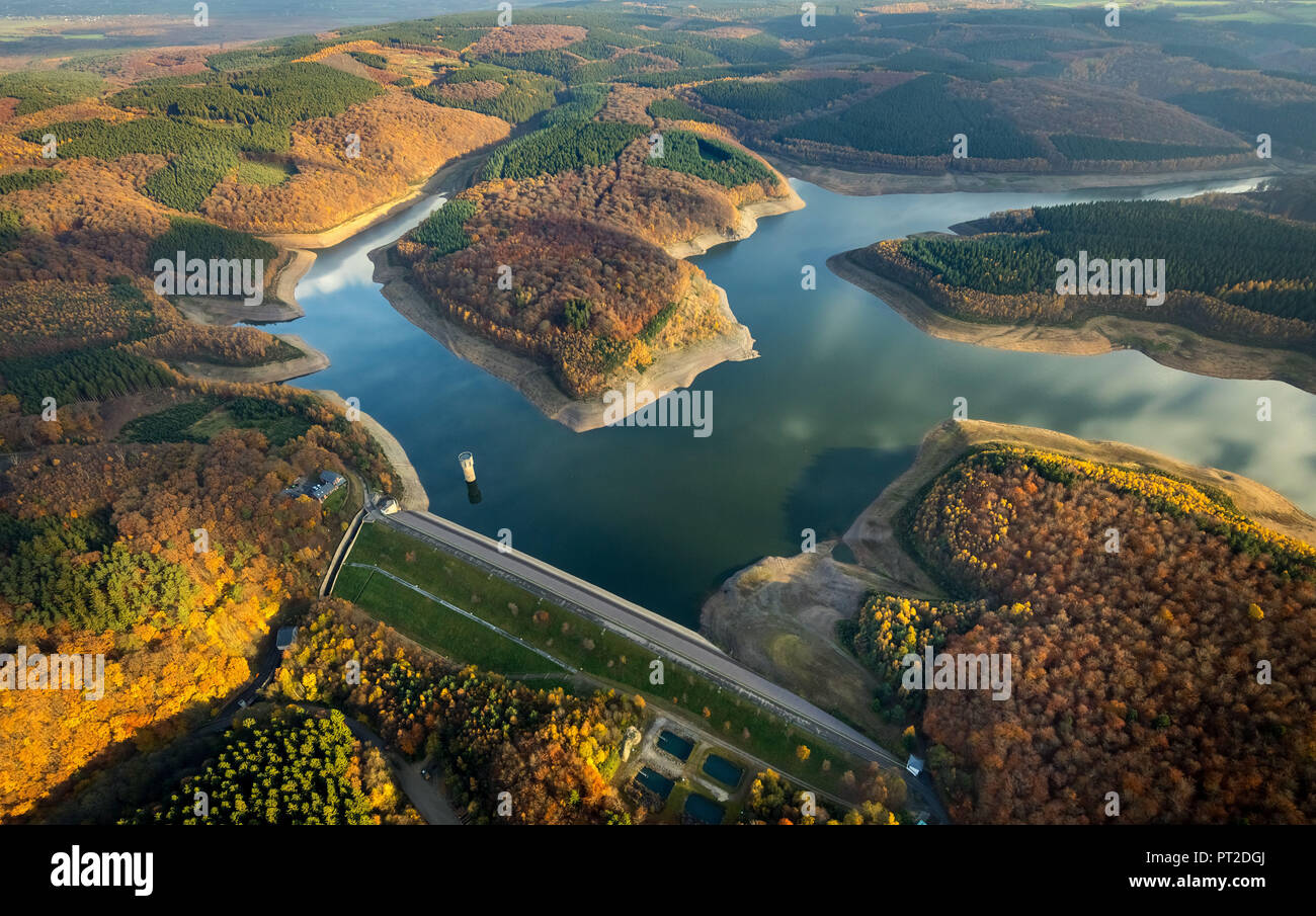 Wehebachtalsperre liegt zwischen Hürtgenwald im Bezirk Düren und Hürtgenwald in der Region Aachen, Steinschüttdamm, Trinkwasserversorgung, Water Association Eifel-Rur, WVER. Stolberg, Rheinland, region Aachen, Düren, Nordrhein-Westfalen, Deutschland Stockfoto