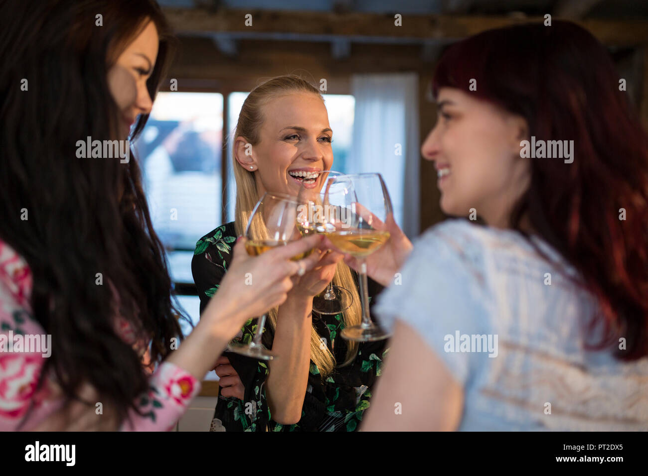 Gerne weibliche Freunde zu Hause klirren Weingläser Stockfoto