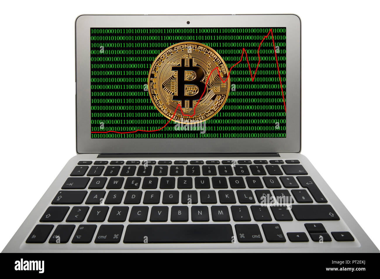 Symbol Bild von Turbulenzen, Volatilität, Aktienkurs digitale Währung, goldene physischen Münze Bitcoin Laptop mit binären Code Stockfoto
