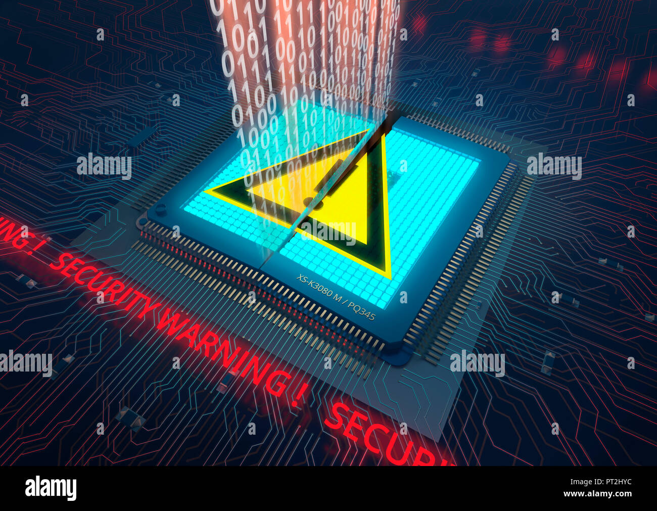 Gebrochene Mikrochip auf der Platine mit dem roten Schriftzug "Sicherheit Warnung', Warnzeichen und stilisierte Datenstrom Stockfoto