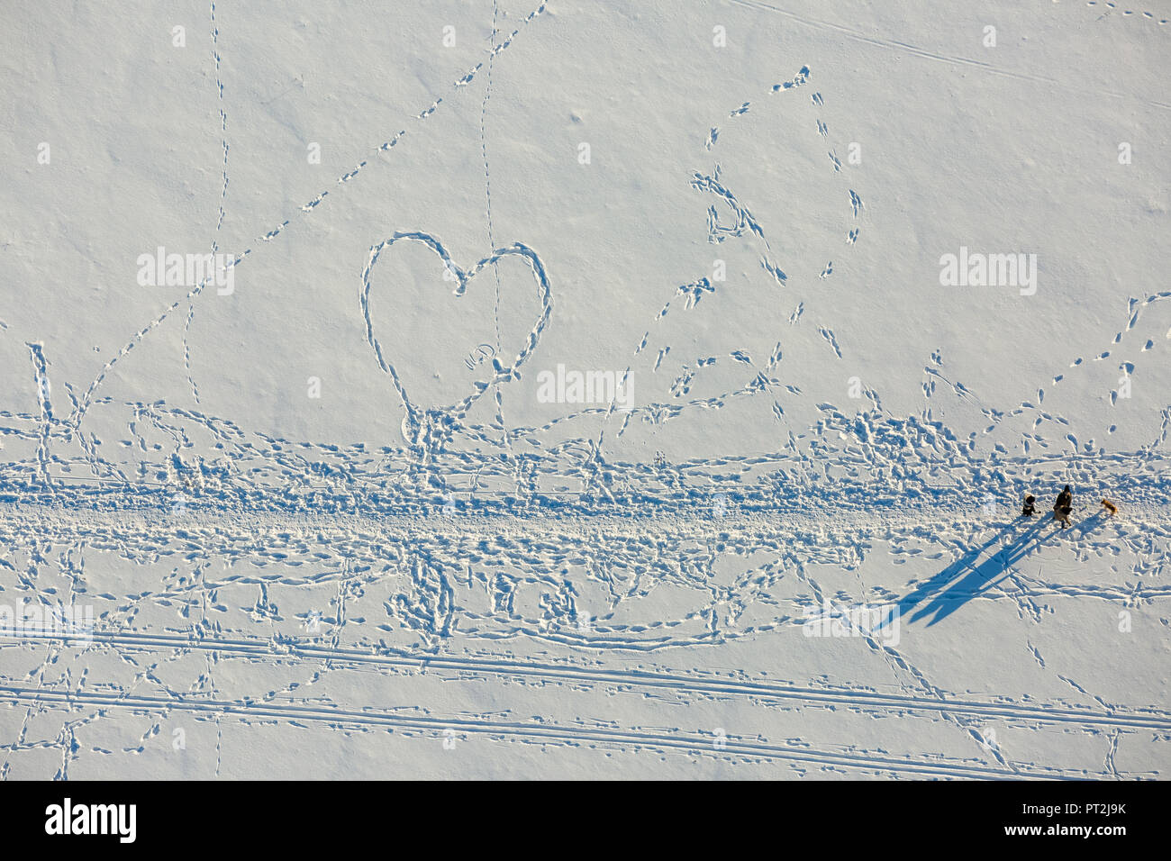 Fußspuren im Schnee auf dem Plateau, Herz, heart-shaped, Bergpark Wilhelmshöhe, Kassel, Hessen, Deutschland Stockfoto