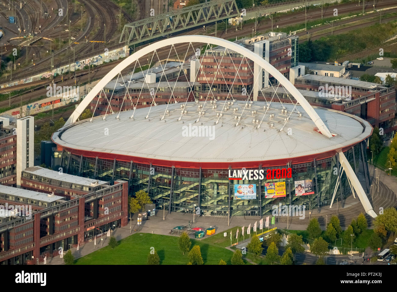 Lanxess Arena Luftbild, Bau des Gebäudes control Office Köln, Köln, Rheinland, Nordrhein-Westfalen, Deutschland Stockfoto