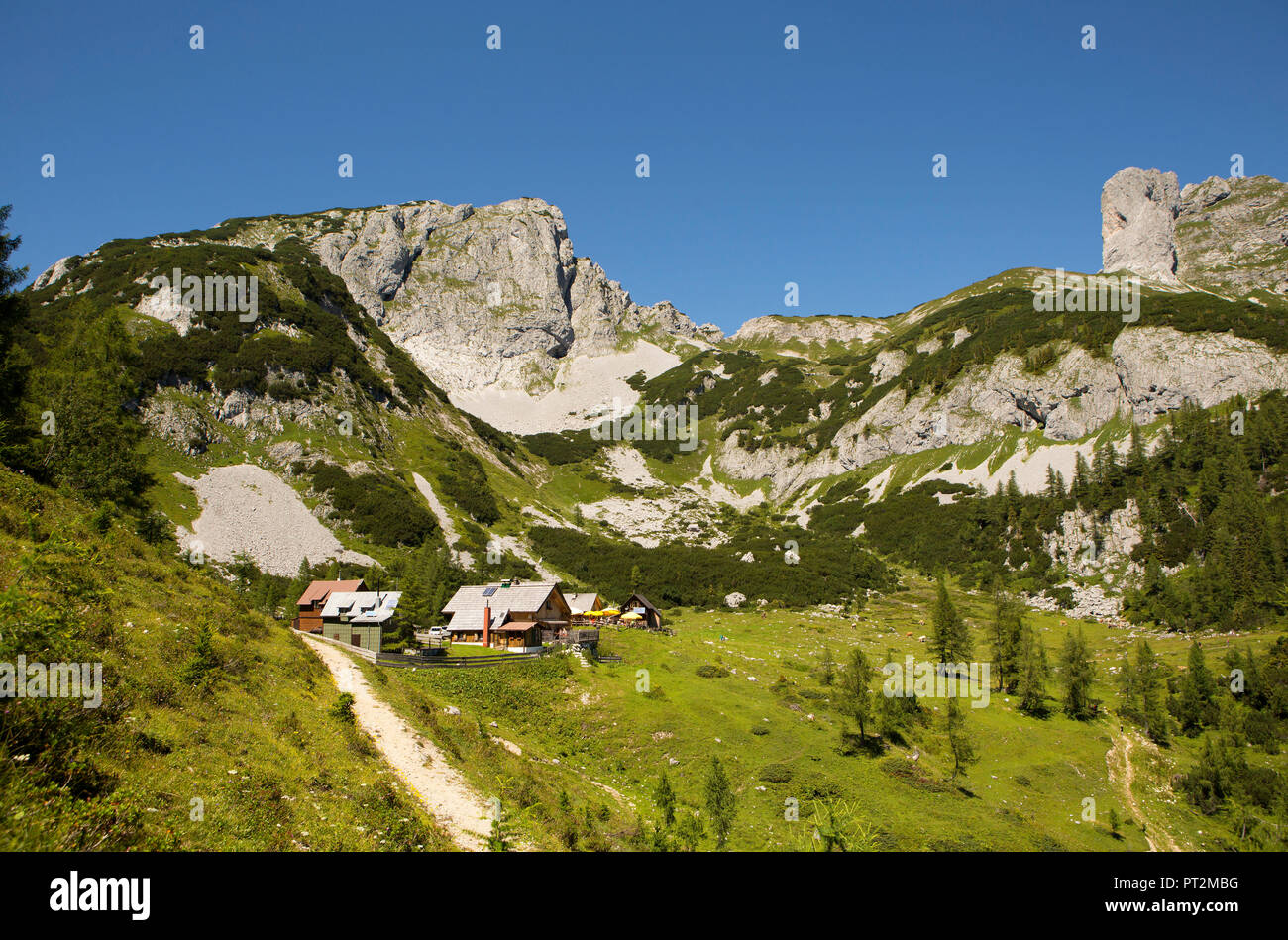 Österreich, Steiermark, Salzkammergut, Steirische Salzkammergut, Ausseerland, Tauplitz, Tauplitz Alm, Almhütten, Totes Gebirge, Stockfoto