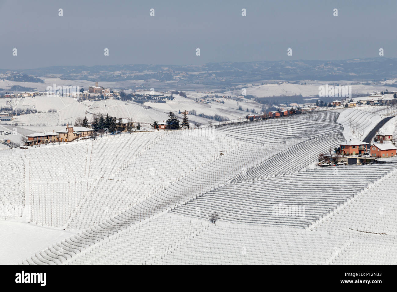 Langhe, Cuneo, Piemont, Italien, Langhe Weinregion winter schnee, Serralunga d'Alba Schloss Stockfoto