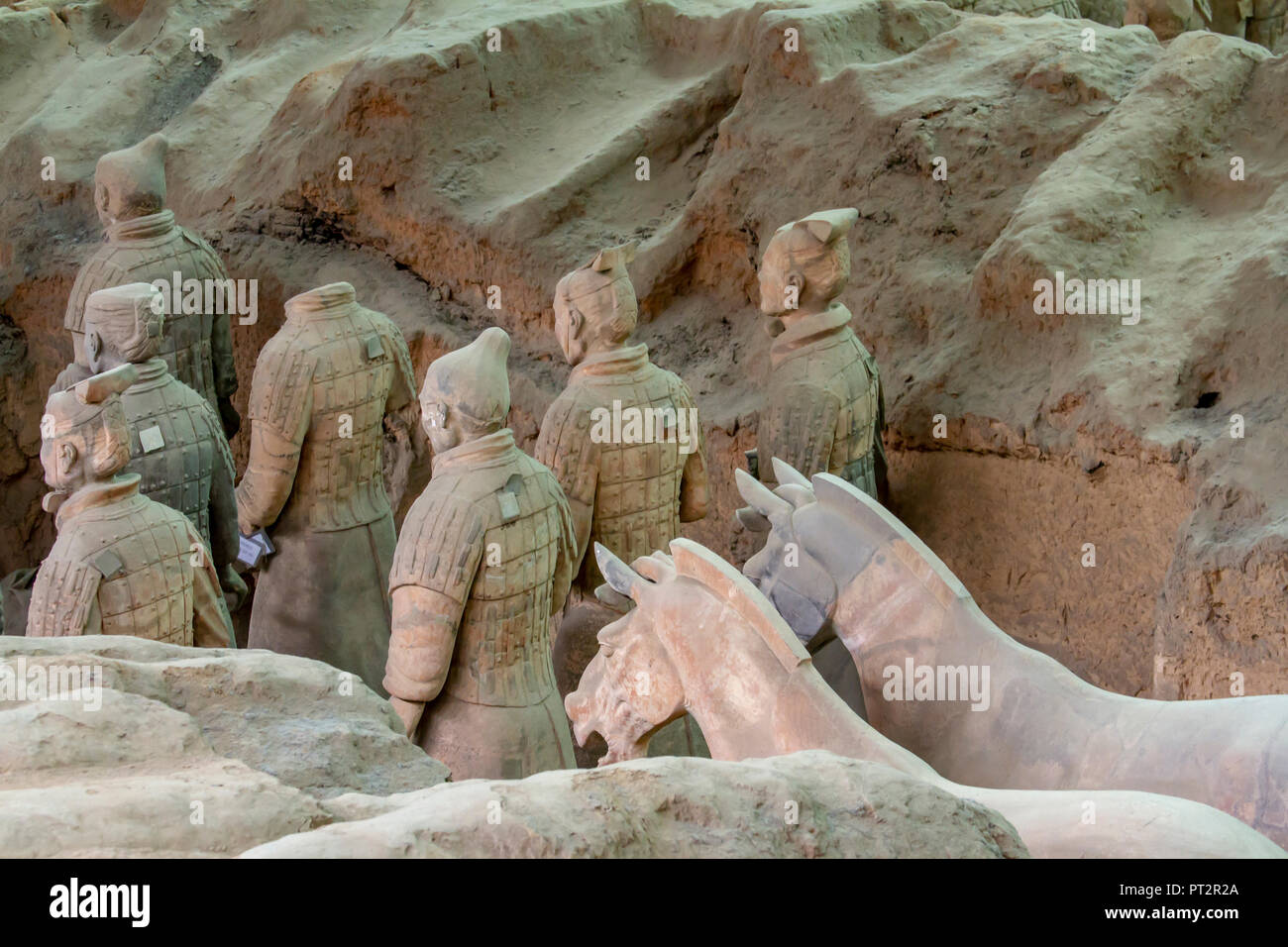 Terracotta Krieger und Pferde auf der Grabstätte des Kaisers Qin Shi Huang Di in Xi'an, Shaanxi, China. Stockfoto