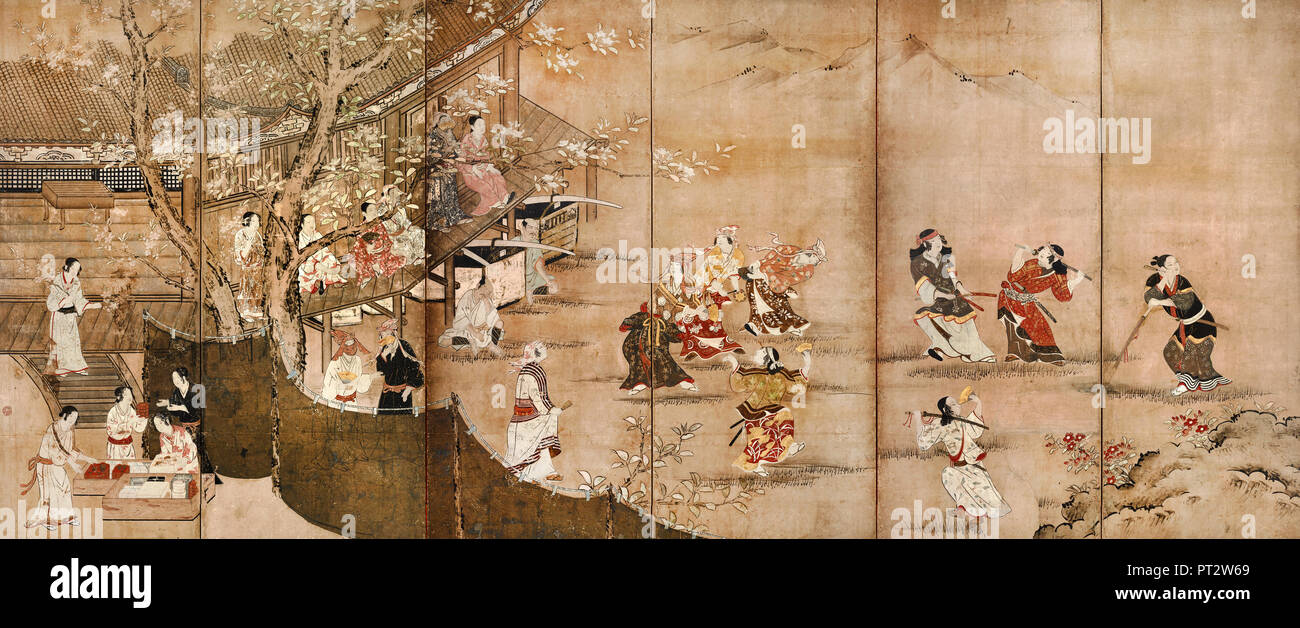 Kano Naganobu, lustbarkeiten unter der Kirschblüten, 17. Jahrhundert, Farbe auf Papier, Tokyo National Museum, Japan. Stockfoto