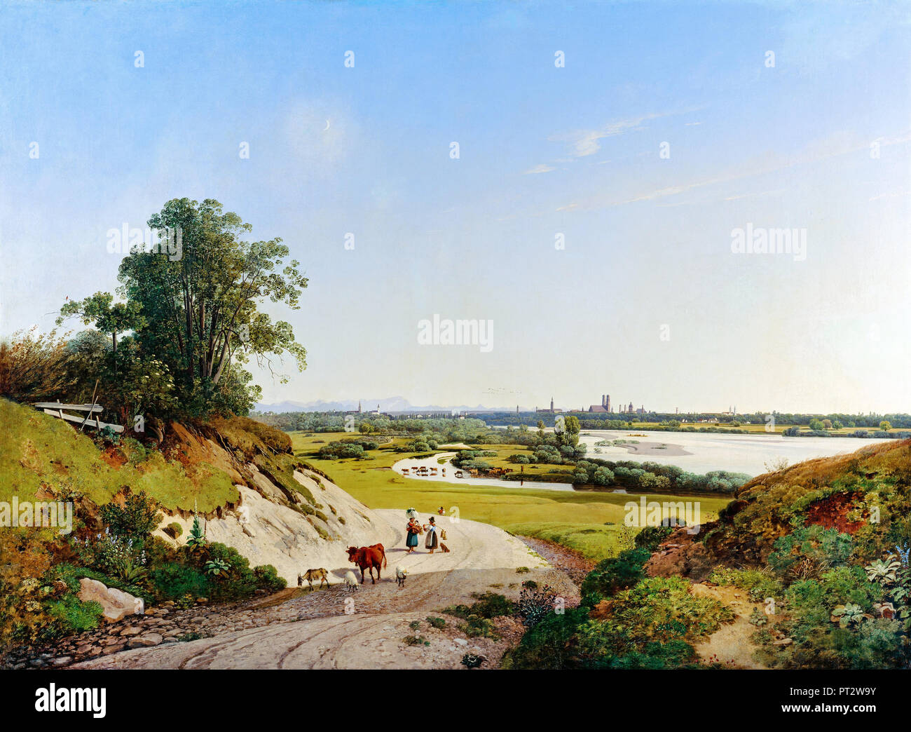 Ernst Kaiser, Blick auf München aus Oberfohring 1839 Öl auf Leinwand, Staedtische Galerie im Lenbachhaus und Kunstbau, Deutschland. Stockfoto