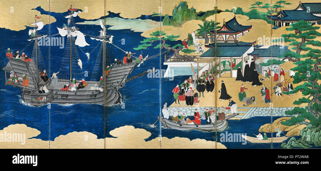 Kano Sanraku, wichtige kulturelle Eigenschaft Namban Bildschirme, 17. Jahrhundert, Suntory Museum of Art, Osaka, Japan. Stockfoto