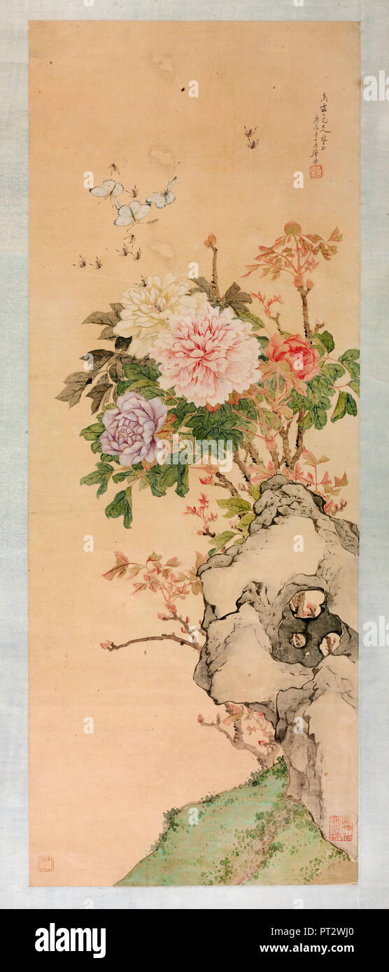 Ju Lian, Pfingstrose und Schmetterlinge, Tusche und Farbe auf Seide, Hunan Provincial Museum, China. Stockfoto