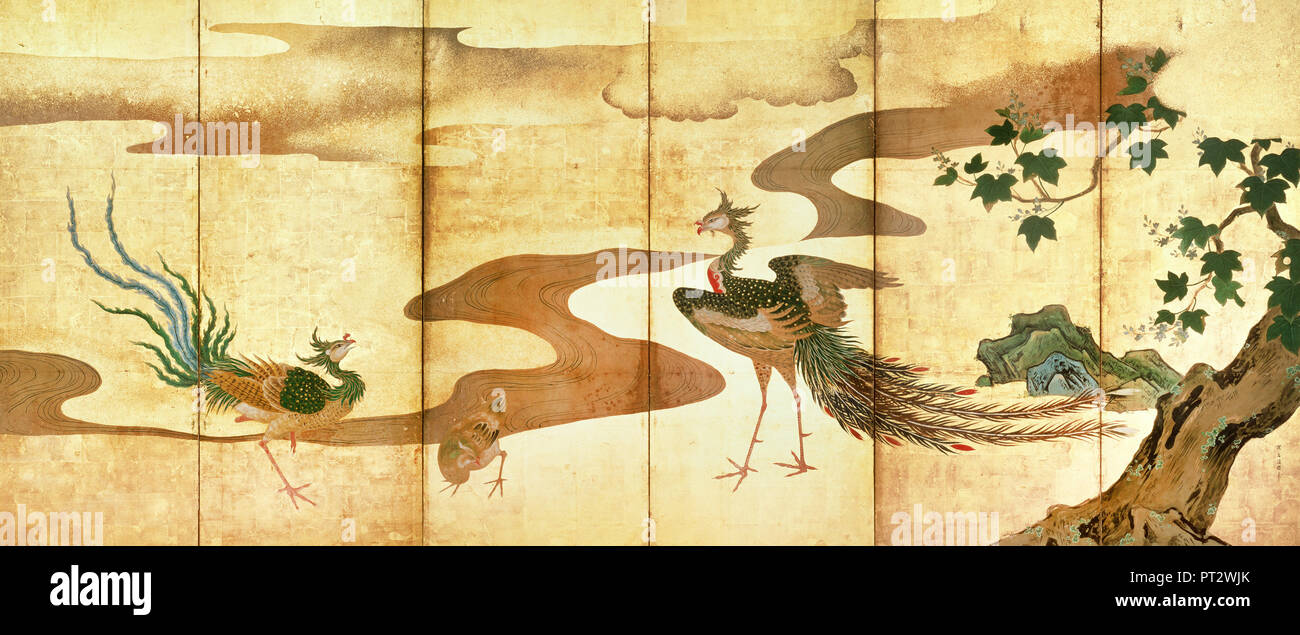Kano Tan'yu, Phoenixes von Paulownia Bäume, 17. Jahrhundert, Suntory Museum of Art, Osaka, Japan. Stockfoto