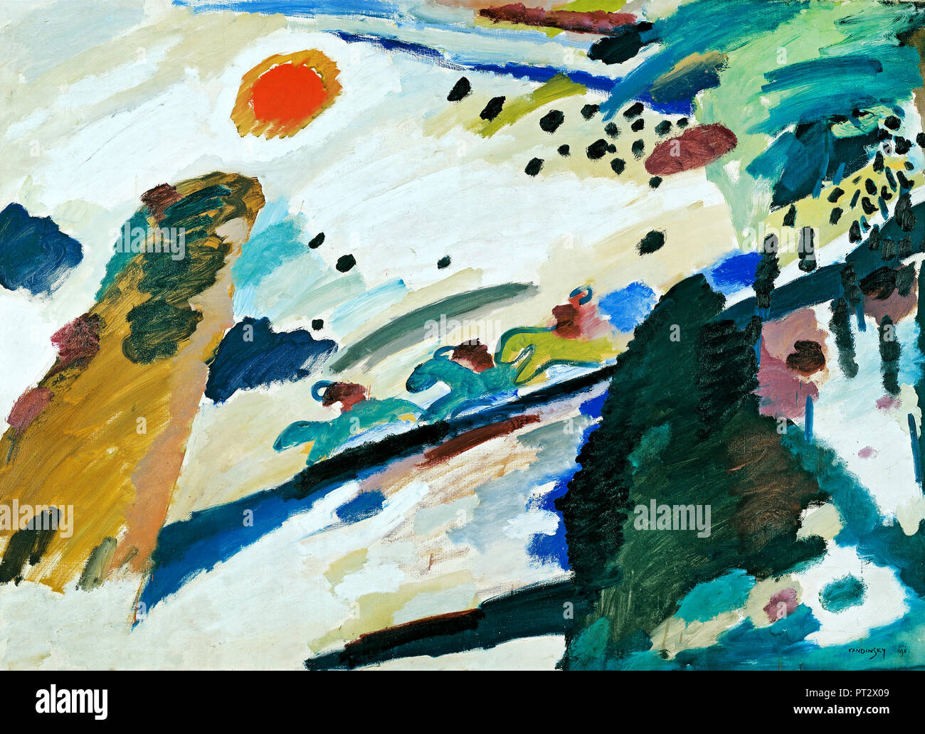 Wassily Kandinsky, romantische Landschaft, 1911 Öl auf Leinwand, Staedtische Galerie im Lenbachhaus und Kunstbau, Deutschland. Stockfoto