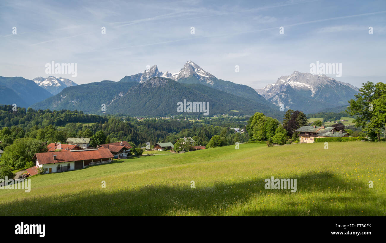 Bergmassiv mit Watzmann und Hochkalter, vor alpine Wiesen und Wald, Nationalpark Berchtesgaden, Bayern, Deutschland Stockfoto