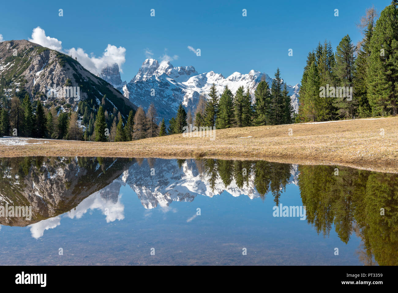 Plätzwiese/Langlauftag gemütlich, Dolomiten, Südtirol, Italien, das Cristallo massiv ist in einem Pool auf den Langlauftag gemütlich nieder Stockfoto