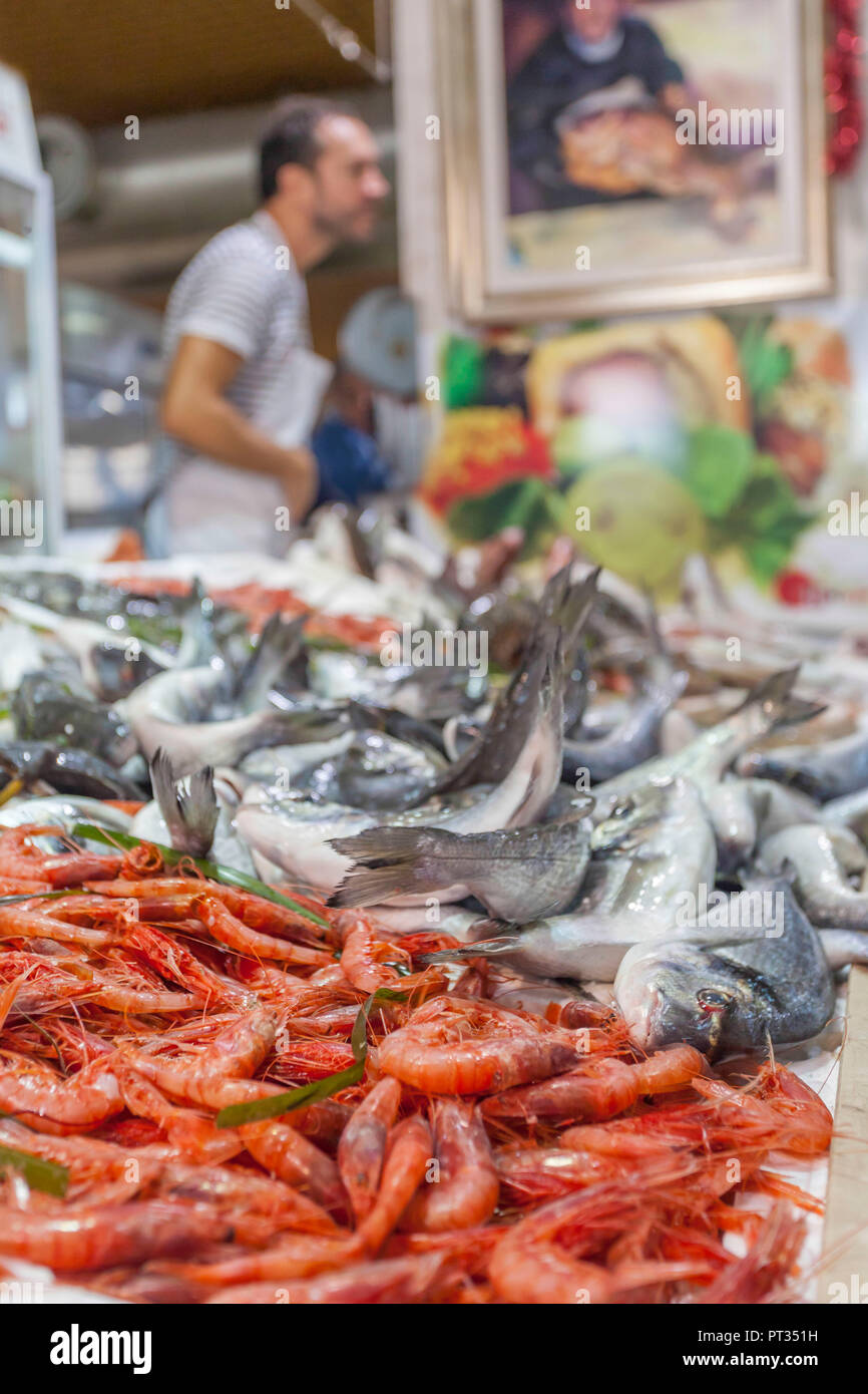 Zähler mit der Vielfalt der Fische und der Verkäufer unscharf im Hintergrund im Gespräch mit Kunden (nicht am Markt stehen in Cagliari, Sardinien, Italien) Stockfoto