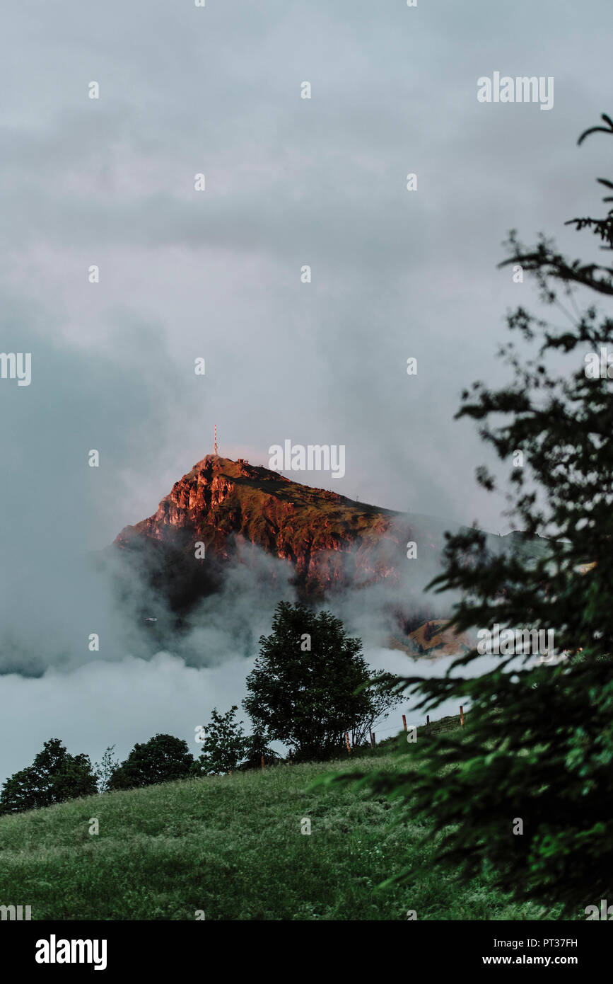 Kitzbüheler Alpen in der Abendsonne mit vielen Wolken, Bäume im Vordergrund. Stockfoto