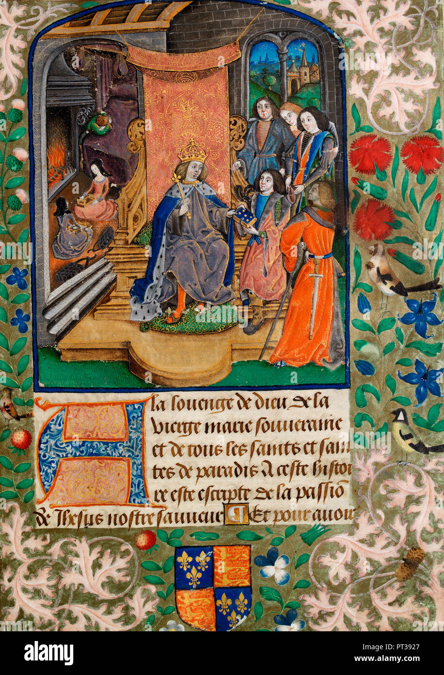 Henry VII empfangen (dieses) Manuskript als Geschenk. Im Hintergrund links oben ist Heinrich VIII. als Kind weinend über den Tod seiner Mutter. Seine Schwestern, Mary und Margaret sitzen im Vordergrund - Vaux Passional, ca. 1503 Stockfoto
