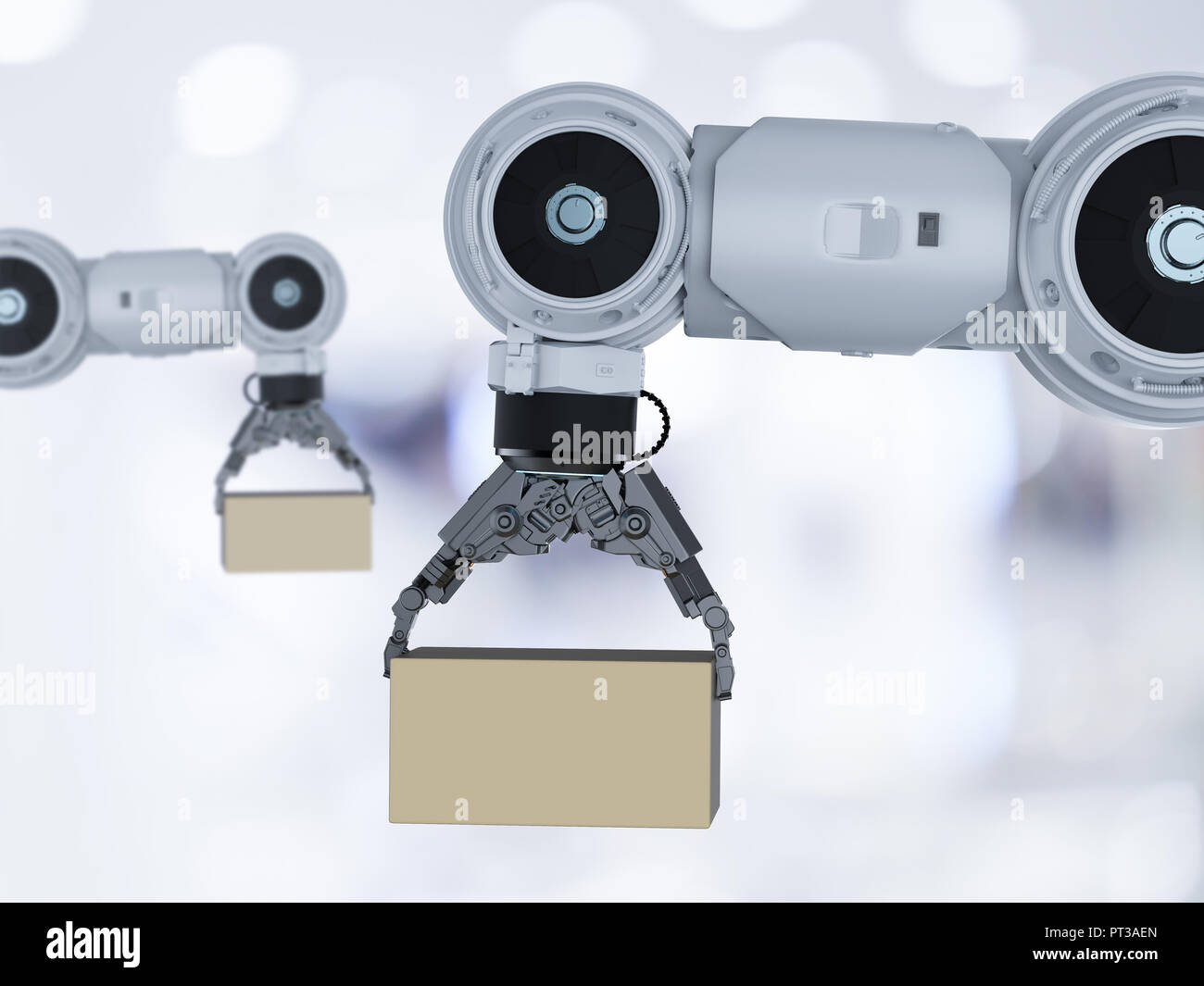 Automatisierung Industrie-Konzept mit 3D-rendering Roboterarm mit Karton Stockfoto